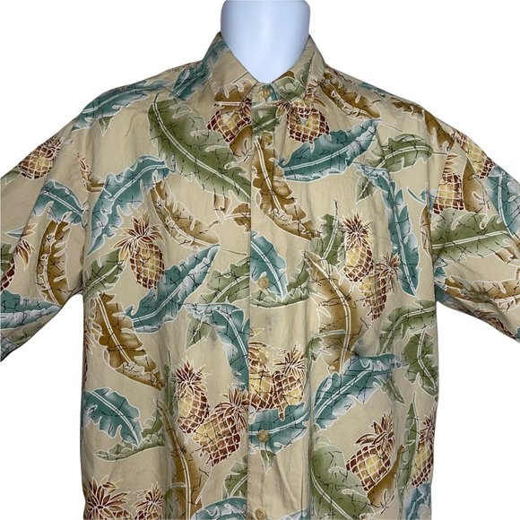 Cooke Street Vintage 1990's Tan Leaf Pineapple Hawaiian Button Front Shirt L - Picture 2 of 12